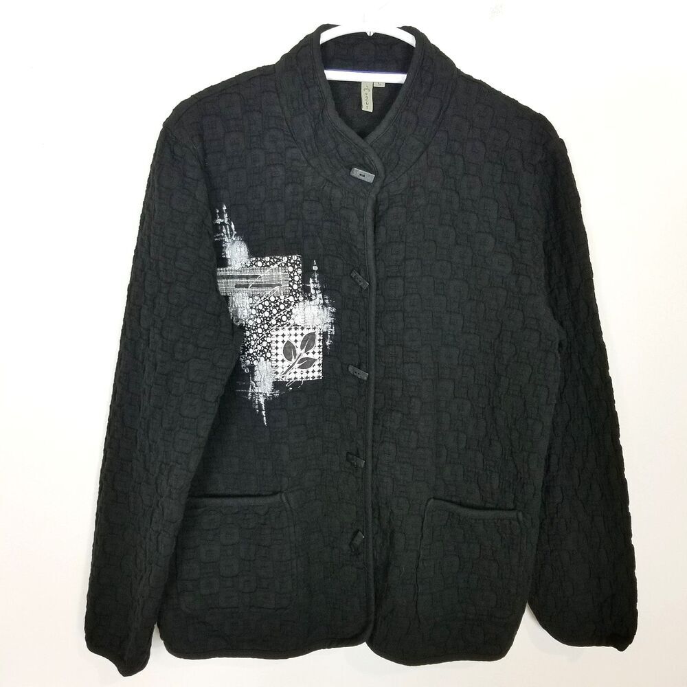 Focus Women Quilted Hand-Painted Jacket Sz L Funky‎ Art-to-Wear Button Up Cotton